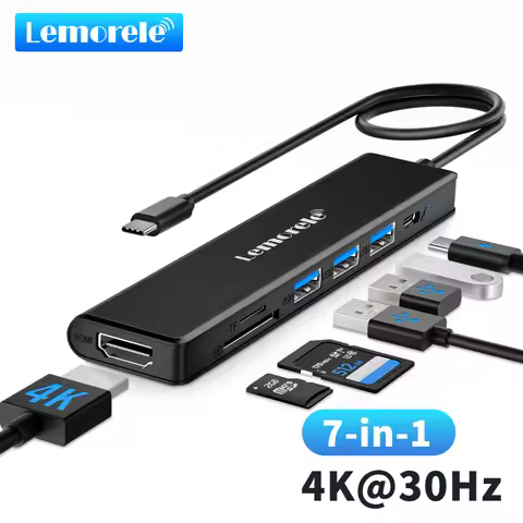 Lemorele TC70 7in1 USB C HUB Type C 3.0 Docking Station HDMI 4K@30Hz 100W PD SD/TF Slot Fast Transfe