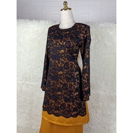 Baju Kurung Moden Gold Mustard Black Lace Labuh