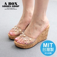 Check Shop * [KM617] Front 2 Rear 9cm Wedge Slippers Pearl Rhinestone Decoration Transparent Upper R