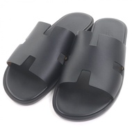 全新愛馬仕 Izmir 皮革浴室涼鞋/拖鞋，H 標誌設計，黑色，43 碼，義大利製造，附鞋盒和防塵袋。