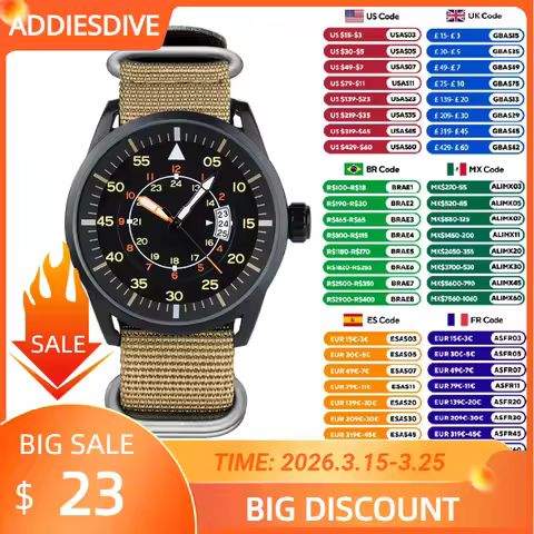 ADDIESDIVE JD1508 Men's Quartz Watch Round Hardlex Dial Window Watches Nylon Strap 50M Waterproof Wi