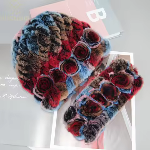 New Fashion Real Fur Hats Scarves Sets Women Winter Knitted Real Rex Rabbit Fur Hat Scarf Ladies Nat