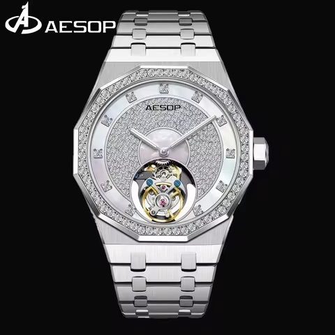 AESOP Luxury Full Diamond Business Men's Watch Tourbillon Movement Mechanical Watches Stainless Stee