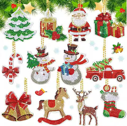 12 Christmas Diamond Painting Keychain Set and Tools Christmas Diamond Painting Keychain Hanging Dia