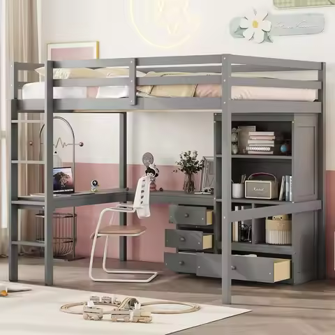 Twin Loft Bed. Full Loft Bed with Desk and Storage, Solid Wood Loft Bed with 4 Storage Drawers & 3 S