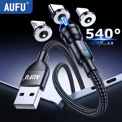 AUFU Magnetic Cable 3M 540 Rotate Magnet Charger Micro USB Type C Cable Mobile Phone Wire Cord For i