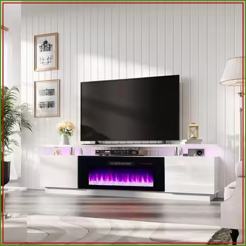 80" Fireplace TV Stand, 40" Electric Fireplace, LED Lights, 2 Tier TV Console for TVs Up to 90", Ivo