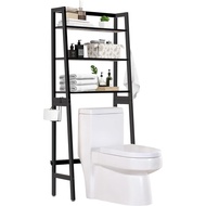 MallKing Over The Toilet Storage, Wooden 3-Tier Over-The-Toilet Rack Bathroom Space Saver Organizer, Freestanding Above Toilet with Toilet Paper Holder and Hooks (Black)