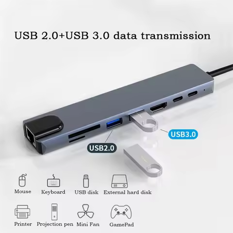 8in1 Type C HUB Splitter Thunderbolt 3 Docking Station Laptop Adapter