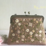 Shoulder bag , Linen , floral embroidery, pikachu, brown