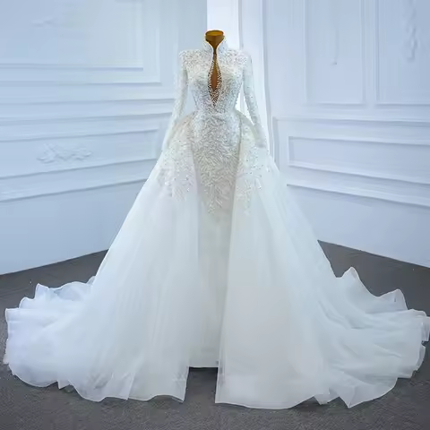 High Neck Open Back See Through Front Long Sleeve Full Beading Pearls Mermaid Wedding Dresses