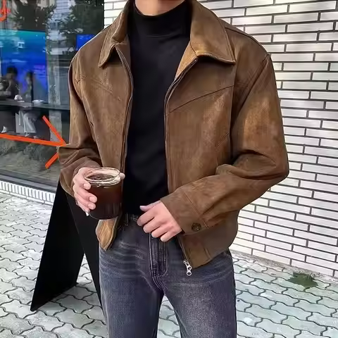 Vintage Brown Suede Jacket Men's Spring Autumn Short Flight Jacket Korean Style Loose Fit Zipper Clo