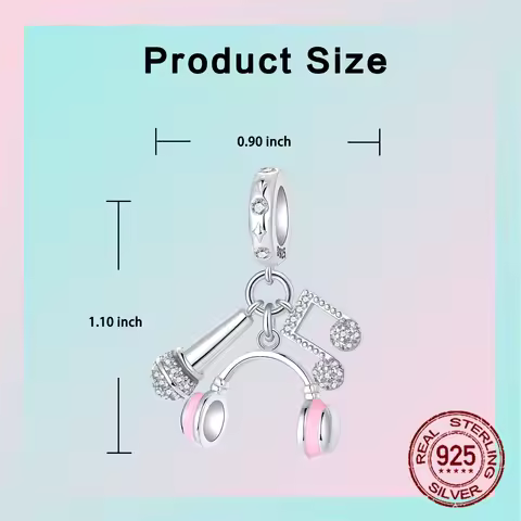 925 Sterling Silver Pink Earphones Microphone Music Note Pendant Charm Fit Original Charms Bracelets