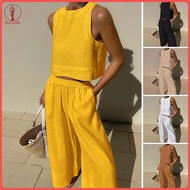 fulaide 2Pcs/Set Women Summer Outfit O-neck Sleeveless Vest Elastic High Waist Long Pants Set Solid 