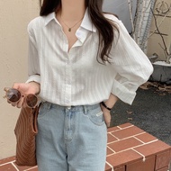 [Ready Stock] Korean Style White Shirt Stripe Blouse Wanita Kemeja Lengan Panjang High Quality Simpl