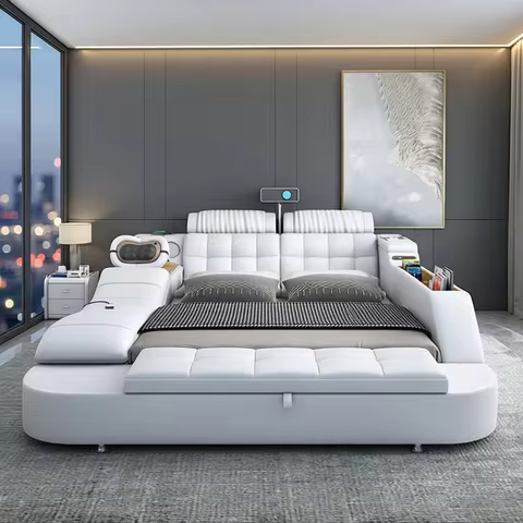 Linlamlim Tech Smart Genuine Leather Bed | Multifunctional Ultimate Beds | Massage Tatami Bed with P