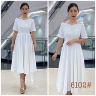 (S-3XL) ชุดราตรี Midi dress แขนสั้น คอปาด กระโปรงบาน  Luxury Look มากๆ  เนื้อผ้า :เครปเกาหลี