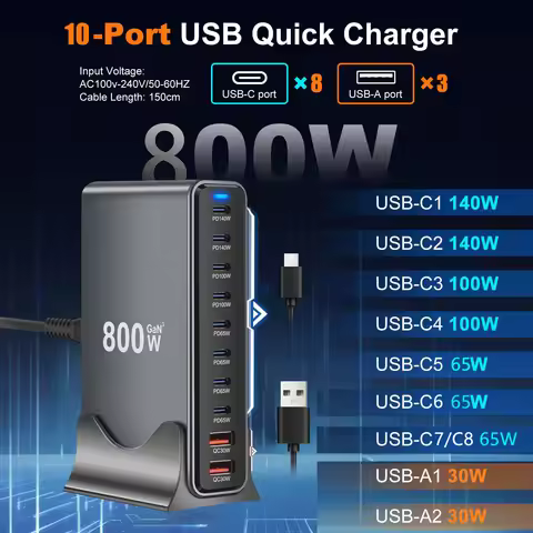 800W GaN Desktop Charger Station 10 Ports 2 USB-A and 8 Type-C PD 140W Fast Charging Hub for Cellpho
