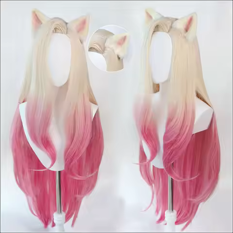 LOL KDA Baddest Ahri Cosplay Wig with Ears Heat Resistant Synthetic Hair Blonde Mixed Pink Heat Resi