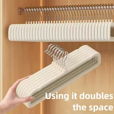 10pcs Pack Pants Hanger Flocking Plastic Space saving Anti slip Short Neck Beige Cloth Drying Cloth 
