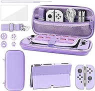 FANPL Case bundle for Nintendo Switch OLED Accessories, Carrying Case for Switch OLED and Joy Con Controller with Hard Flip Protective Case and Screen protector, 4 Thumb Grips, Shoulder Strap (Purple)