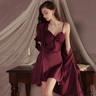 Sexy Fashion Smooth Satin Pajama Deep V Gathering Plus Chest Pad Sexy Women's Nightdress Outer Robe 