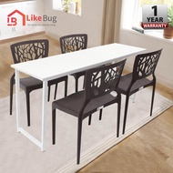 LIKEBUG: [120x60] Contemporary Dining Table White Steel with 4 Brown 3V HIVE Dining Chair