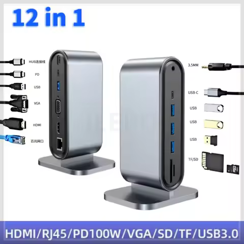 USB-C Docking Station PD 100W USB-C HUB Type-C to HDMI-Compatible Adapter 4K 30Hz VGA RJ45 USB 3.0 H