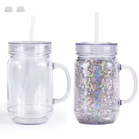 10pcs-50pcs 20oz Snow Globe Acrylic Cups With Handle & Pre Drilled Hole Mason Jar Plastic Sippy Tumb