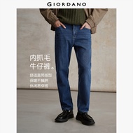 GIORDANO Men Jeans Fleece Lined Mid Rise Denim Jeans Five-Pocket Regular Fit Fashionable Casual Deni