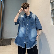 เสื้อเชิ้ตแขนสั้นผู้ชายอเมริกันย้อนยุคขอบดิบผ้ายีนส์ด้านบนบางช่องไหล่เสื้อเชิ้ตปกหลวมอเนกประสงค์ Sh