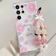 1pc Fashion Floral Print Transparent Rhinestone Protective Phone Case With Beaded Bracelet Accessory