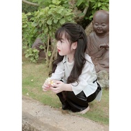 Đồ lam đi chùa cho bé gái chất vải lụa trơn cổ thắt bím Thiên Di - Pháp phục đi chùa cho bé cao cấp 