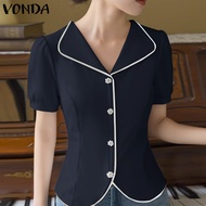 VONDA เสื้อสีทึบคอวีผู้หญิงเสื้อฝ้ายลินินติดกระดุมครึ่งแขนเสื้อลำลองเกาหลี [ลดล้างสต๊อก]
