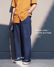 BROWN BUTTONS STRIPED DENIM PANTS NAVY กางเกงขายาวผ้ายีนส์ ลายเส้น สีกรมท่า