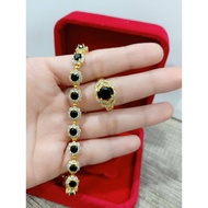 Set Rantai Tangan &amp; Cincin Batu Permata  Hitam  Emas Suasa