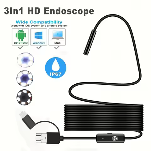 1pc 3 IN 1 Type-C Micro USB Endoscope Camera, 0.3 inch/7mm waterproof Len, 6 LED lights, 6.6 foot/2m