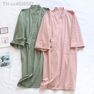 ✿❒☏ Camisola masculina xadrez de estilo japonês algodão roupão longo feminino fino masculino pijama serviço casa novo para verão