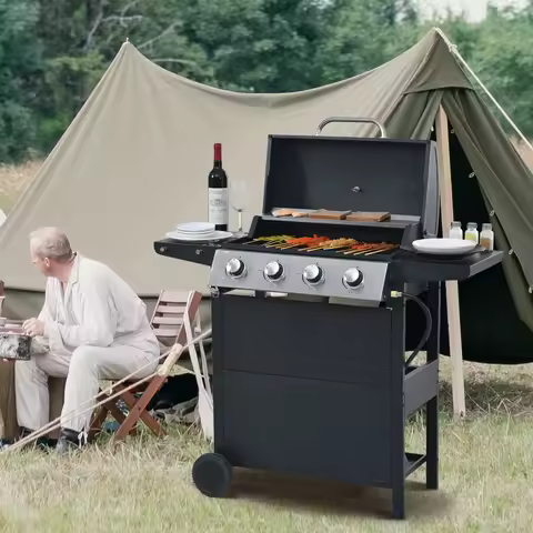 Propane Gas Grill 4 Burner Barbecue Grill, Stainless Steel 34,000 BTU Patio Garden Barbecue Grill wi