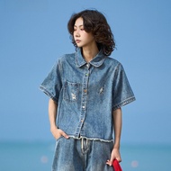Madgood Original Cat Embroidery Short Jeans Shirt Loose Fit Summer Couple Style Polyester Fiber Turn