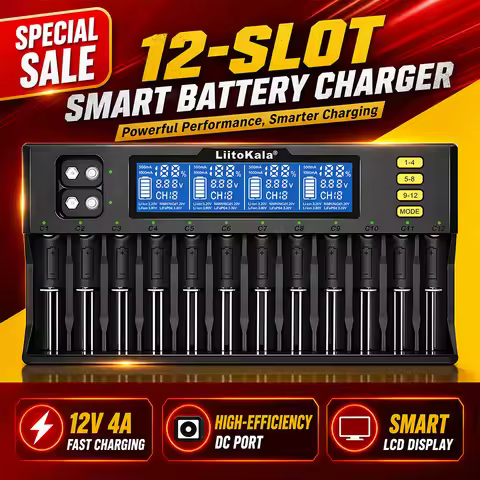 LiitoKala Lii-S12 Smart Charger 12 Slot LCD Auto Polarity 18650 21700 26650 32650 Li-ion LiFePO4 NiM