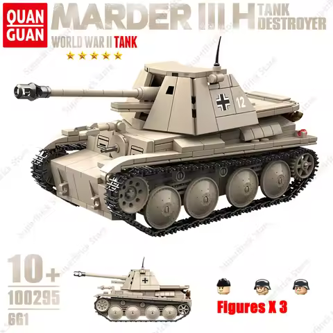 QuanGuan 661PCS World War II Military Marder III H Tank Destroyer Model Building Blocks Set Classic 