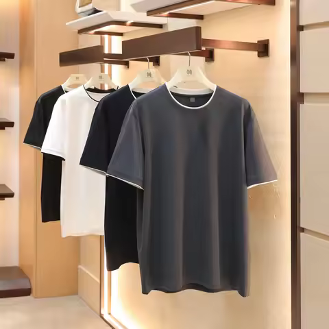 Solid color evergreen 2026 summer new modal blend contrasting color double-layer collar fake two-pie