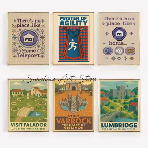 Oldschool Runescape OSRS Travel RuneScape Cross-Stitch Style Gielinor Gamer Poster Canvas Painting W