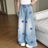 FG25-22209 Children's Pants. Girl's 3D Flower Embroidery Casual Wide-Leg Jeans Size 120-170