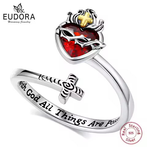 Eudora 925 Sterling Silver Sacred Heart of Jesus Adjustable Ring Cross Ring God's Love Amulet Jewelr
