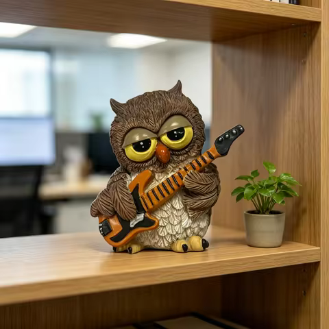 Cute Owl Guitar Player Sculpture, Resin Animal Decor, Funky Home Office Bookshelf Ornament