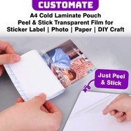 A4 Cold Laminate Pouch Sheet | Peel & Stick Transparent Film for Sticker Label | Photo | Paper | DIY