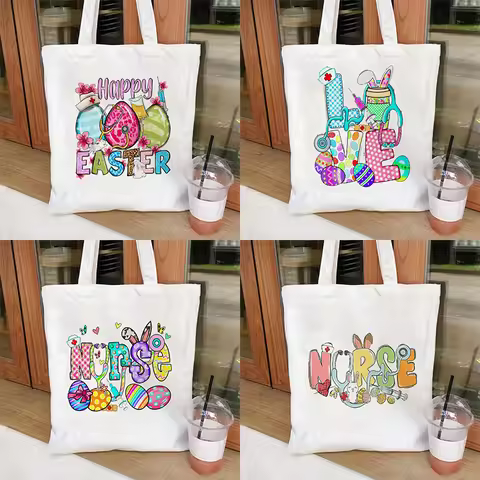 Easter Nurse Print Canvas Tote Bags Makeup Bag Book Lovers Tote Bag Library Tote Shopper Women's Tot