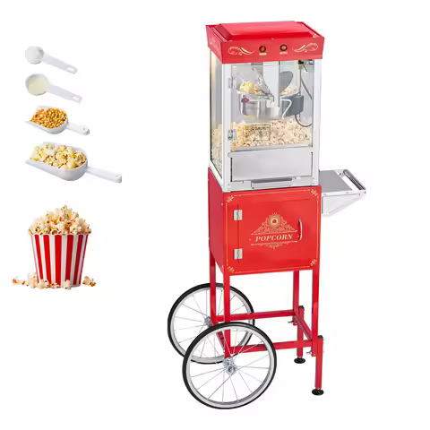 SucceBuy Popcorn Machine with Cart Stainless Steel Kettle Popcorn Maker with 2-Button Control Glass 